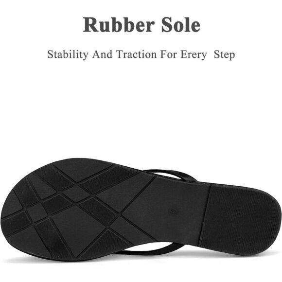 🆕 Black Leather Thong Sandals Women’s Flip Flops Comfy Summer Rubber Dressy - Picture 4 of 5
